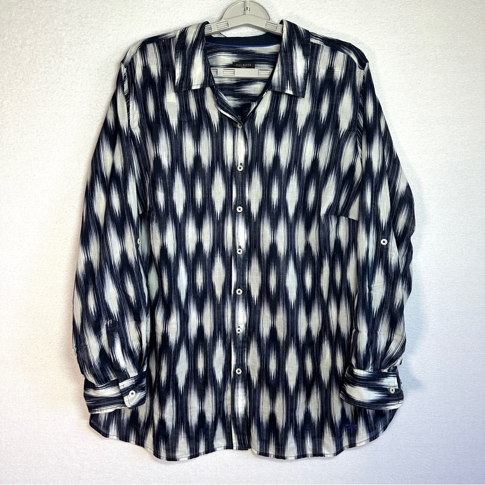 Talbots Ikat Blouse Womens 1X Blue White Button Up Roll Tab Sleeves New
